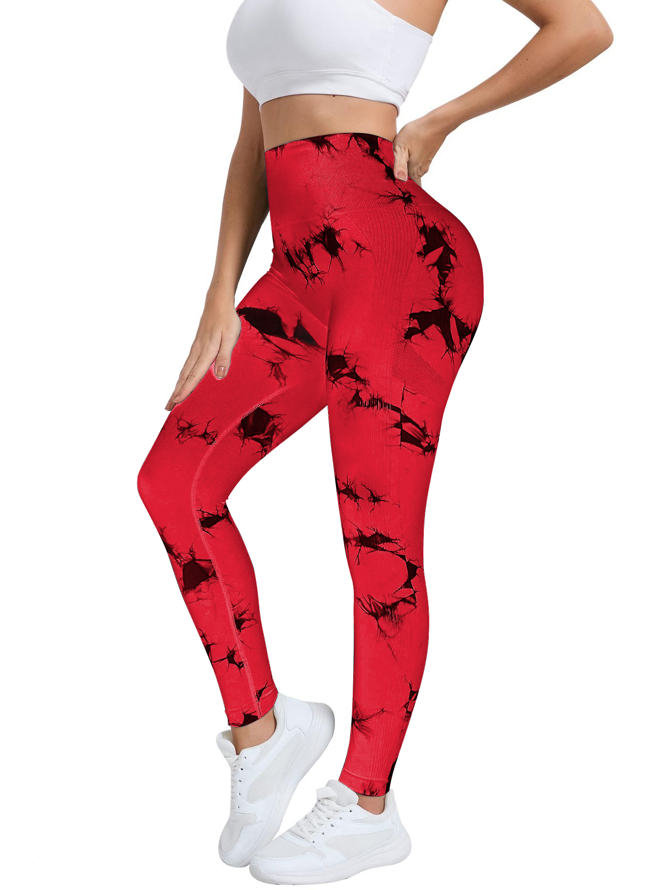Neue Damen-Yogahose mit pfirsichfarbenem Batikmuster und hoher Taille, Bauchstraffung, Gluteal Fitness, nahtlos, Sport, eng, lange Fitness-Leggings