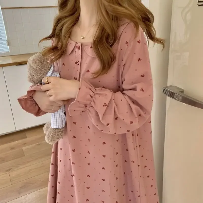 Coração impressão camisola sleepwear das mulheres estilo coreano babados noite vestido de uma peça pijamas outono manga longa casa wear novo em