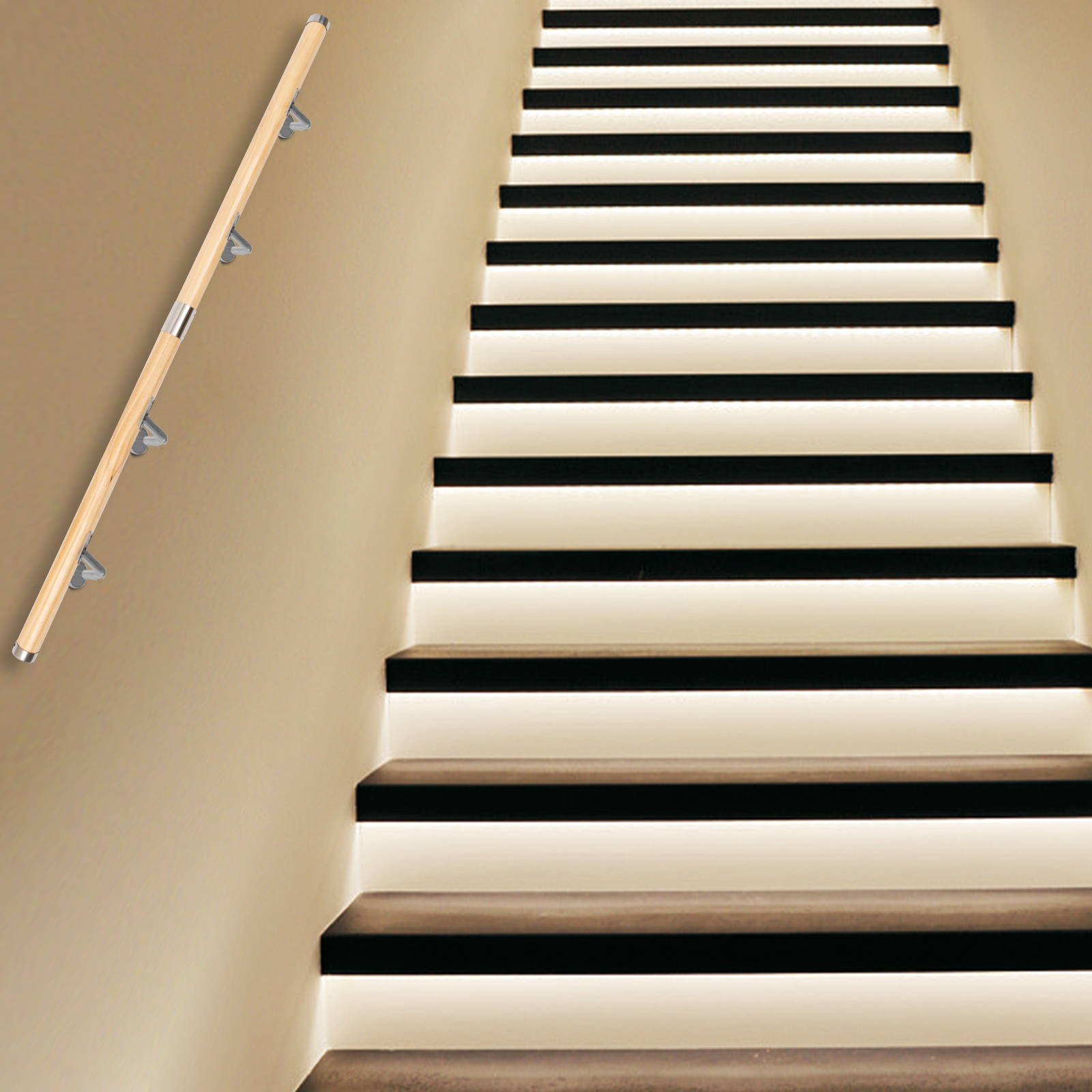 5ft Wooden Handrails Non-Slip Stair Railing Wall Mount Handrail Grab Bar Handrails Support Rod for Home Garden Corridor Lofts