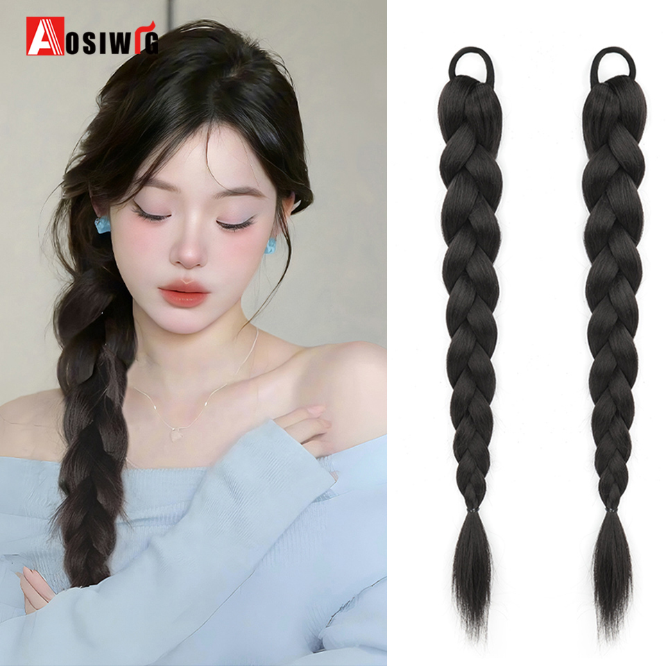 Extensão de cabelo de rabo de cavalo trançado sintético com faixa de borracha tranças de boxe para mulheres acessórios de cabelo longas tranças pretas