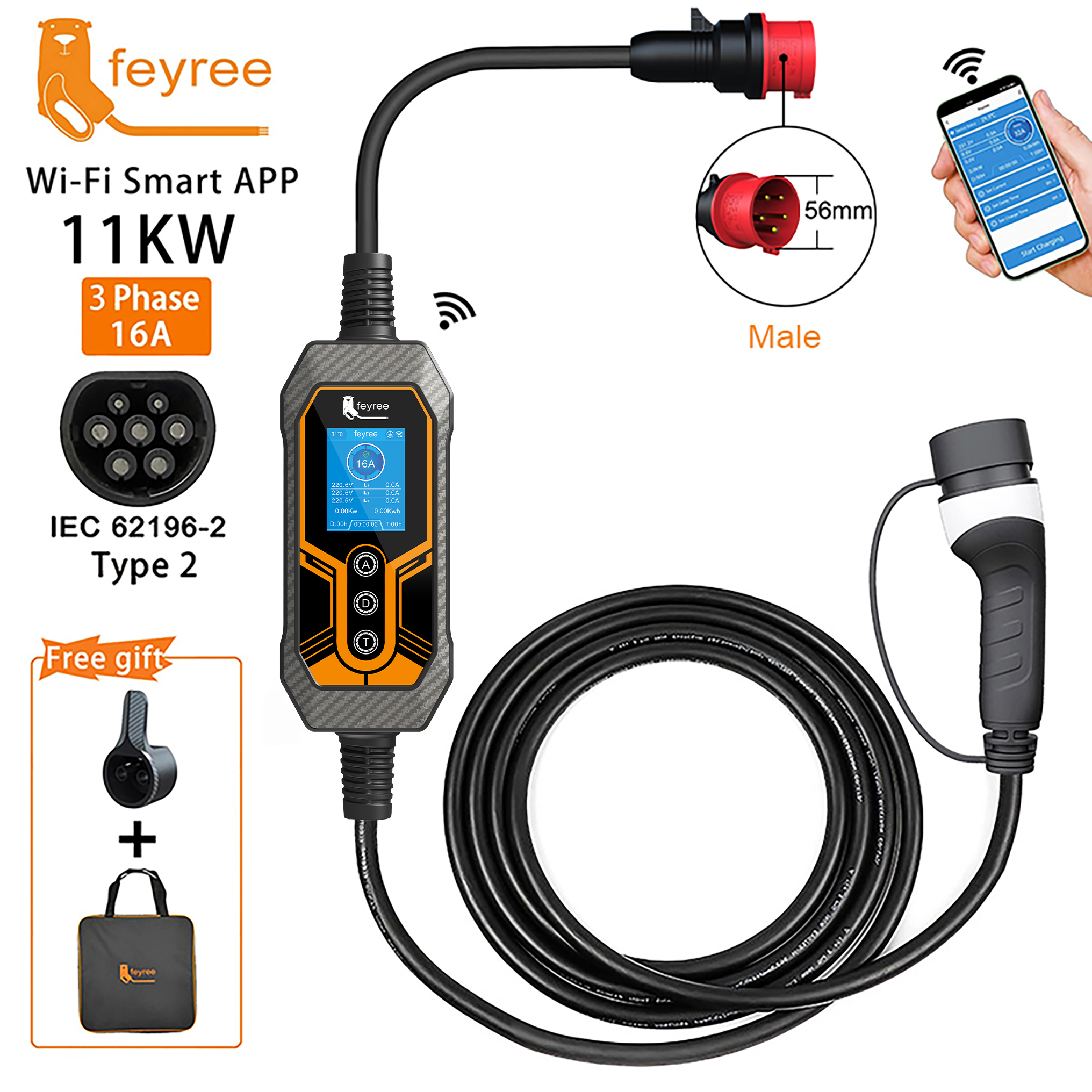 Feyree-cargador EV portátil tipo 2, 11KW, 16A, aplicación Wi-Fi trifásica, versión Bluetooth, Cable de carga EVSE, enchufe CEE de 5m para coche eléctrico