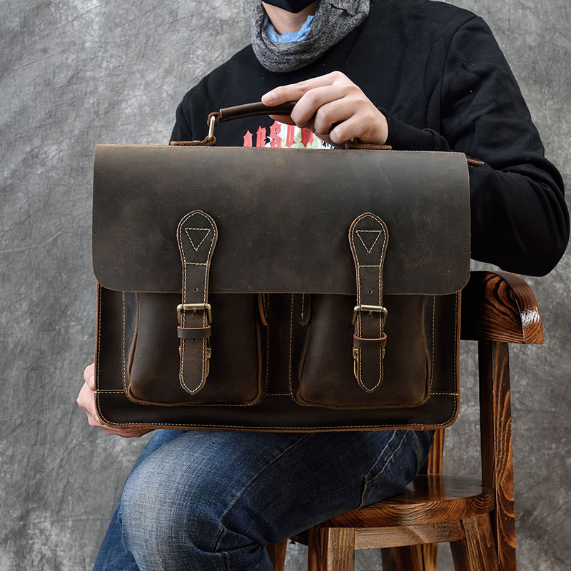 Retro Crazy Horse Maleta De Couro Genuíno, Bolsa De Negócios, Couro Sacos Do Mensageiro Do Escritório, Saco De Negócios Masculino, 16in
