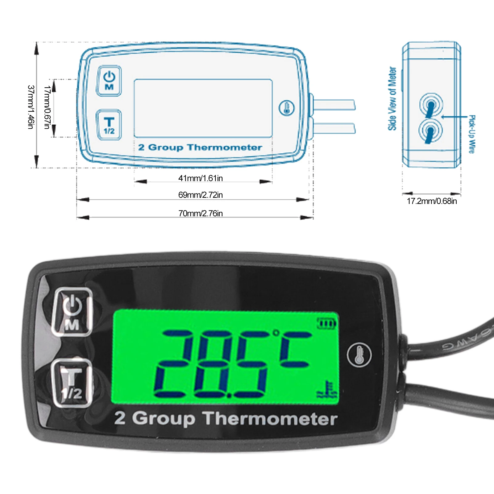 Dual Channel LCD termômetro com luz de fundo verde, temperatura do motor, medidor, display digital, motocicleta, barco, ATV