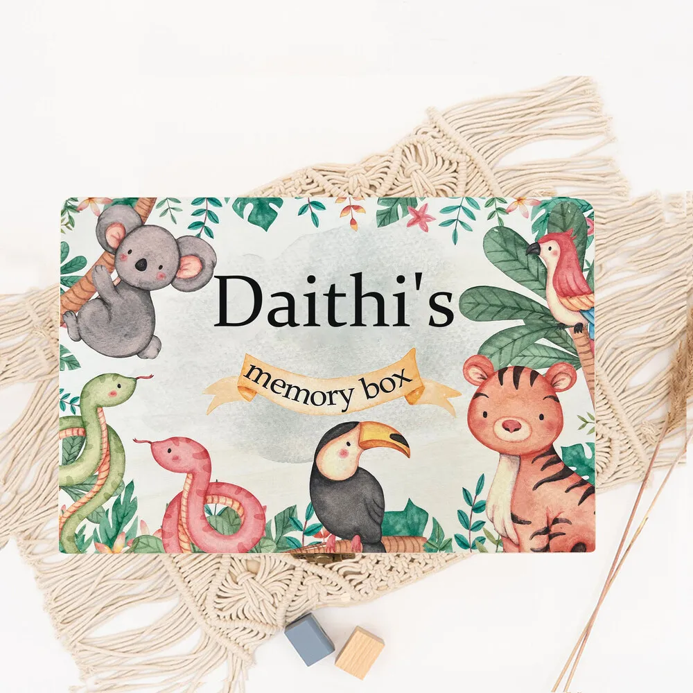 Personalized Baby Gift Keepsake Box Custom Memory Boxes Animal Print Wooden Kids Memories Case Custom Child Birthday Shower Gift