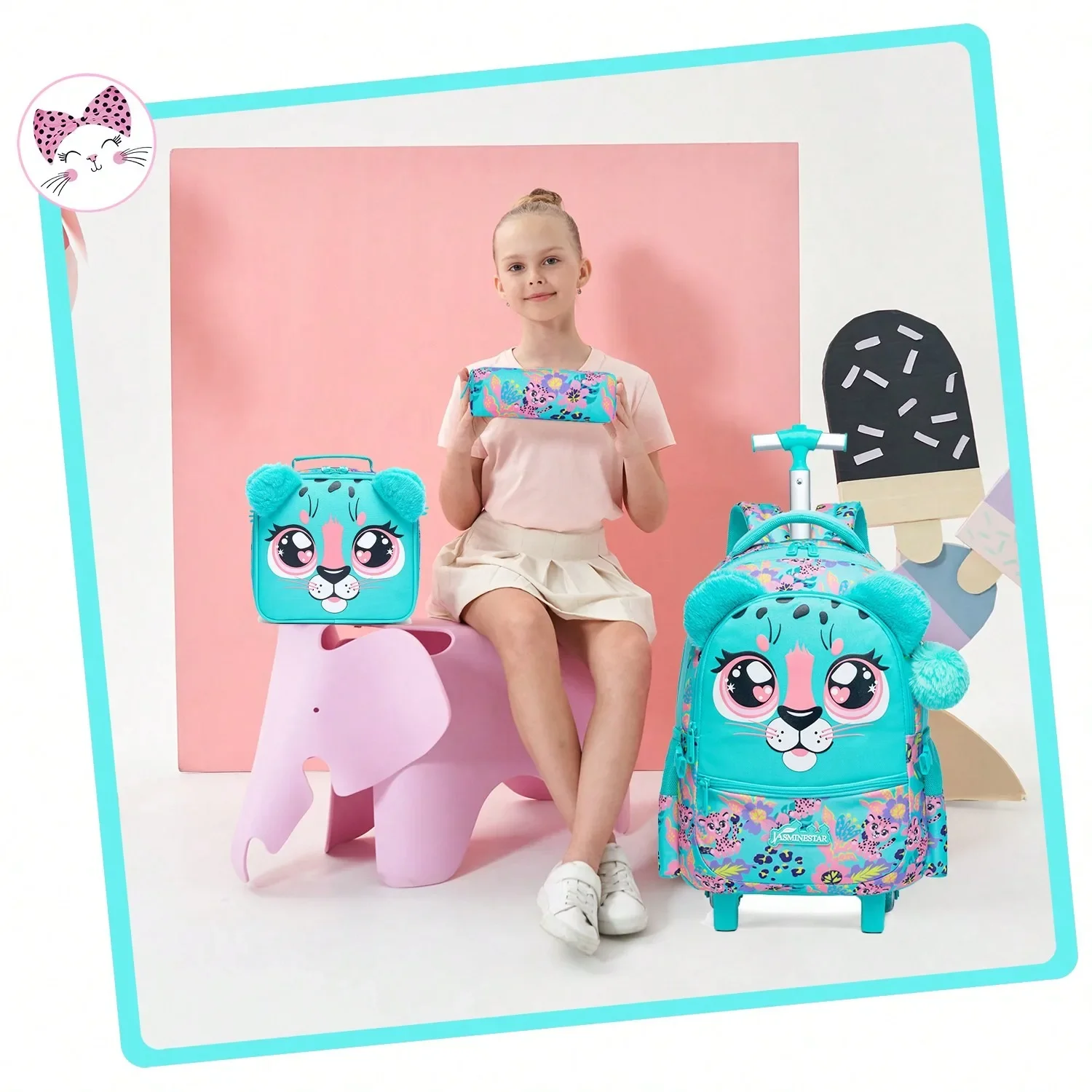 Mochila rodante de 3 uds para niñas, mochilas con ruedas para estudiantes de primaria, bolsa de equipaje de mano 3 en 1, Maleta de viaje para niños
