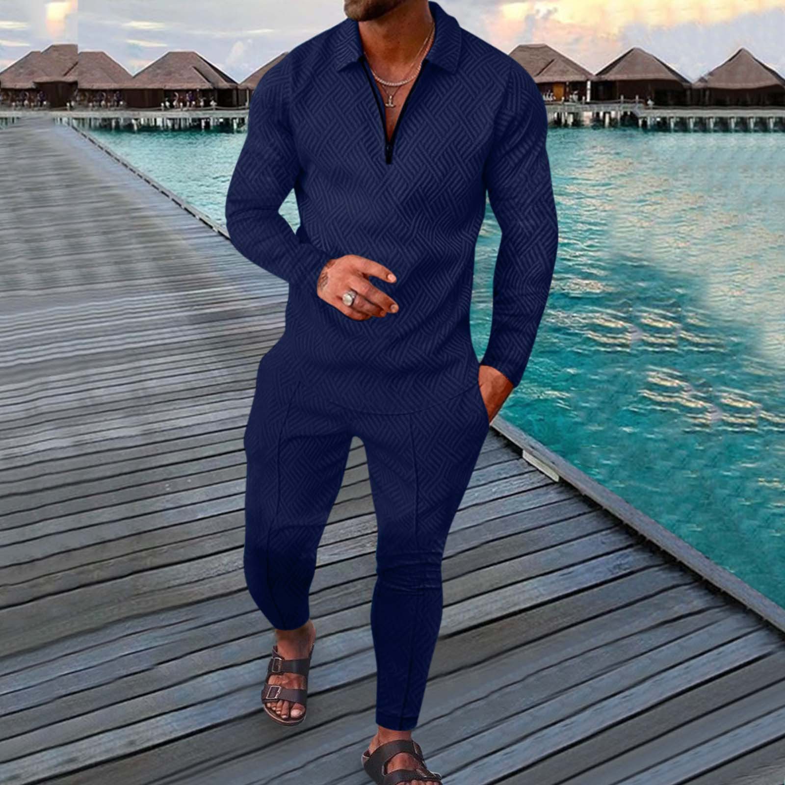 Nueva tendencia de moda para hombres, camiseta con solapa de color sólido, jersey con cremallera, cómodo, informal, ajustado, manga larga + Pantalones deportivos de dos piezas