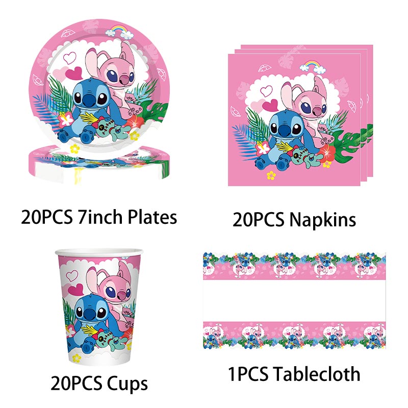 Decoración de cumpleaños de Lilo y Stitch, juego de vajilla temática de fiesta de punto rosa de Disney, globos de Ángel, suministros felices, recuerdos para niñas