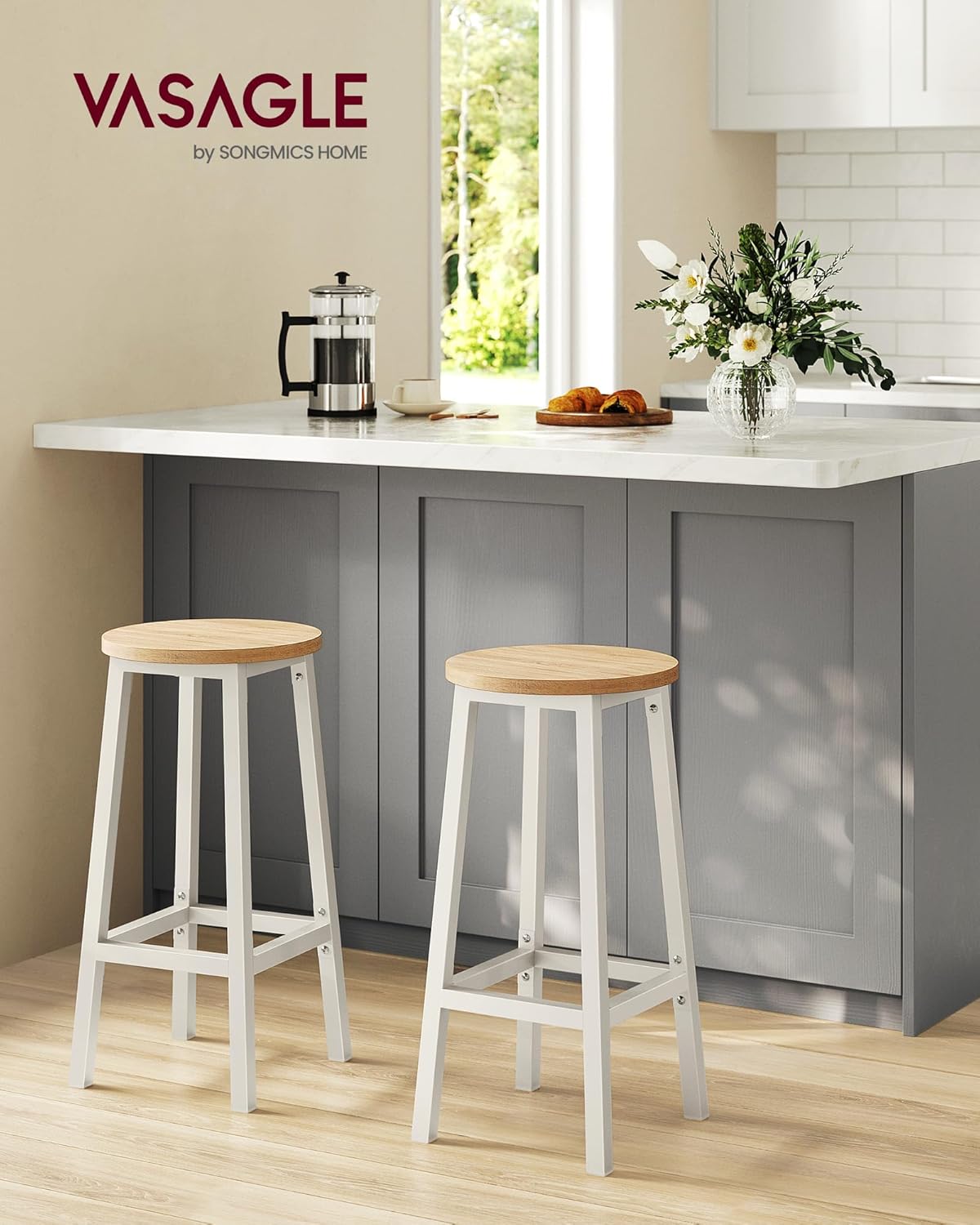 Barhocker, 2er-Pack, Küchenstuhl, High-Sitz, with Footrest, for Kitchen, Wohnzimmer, Classic Oak Beige and White, LBC032W09