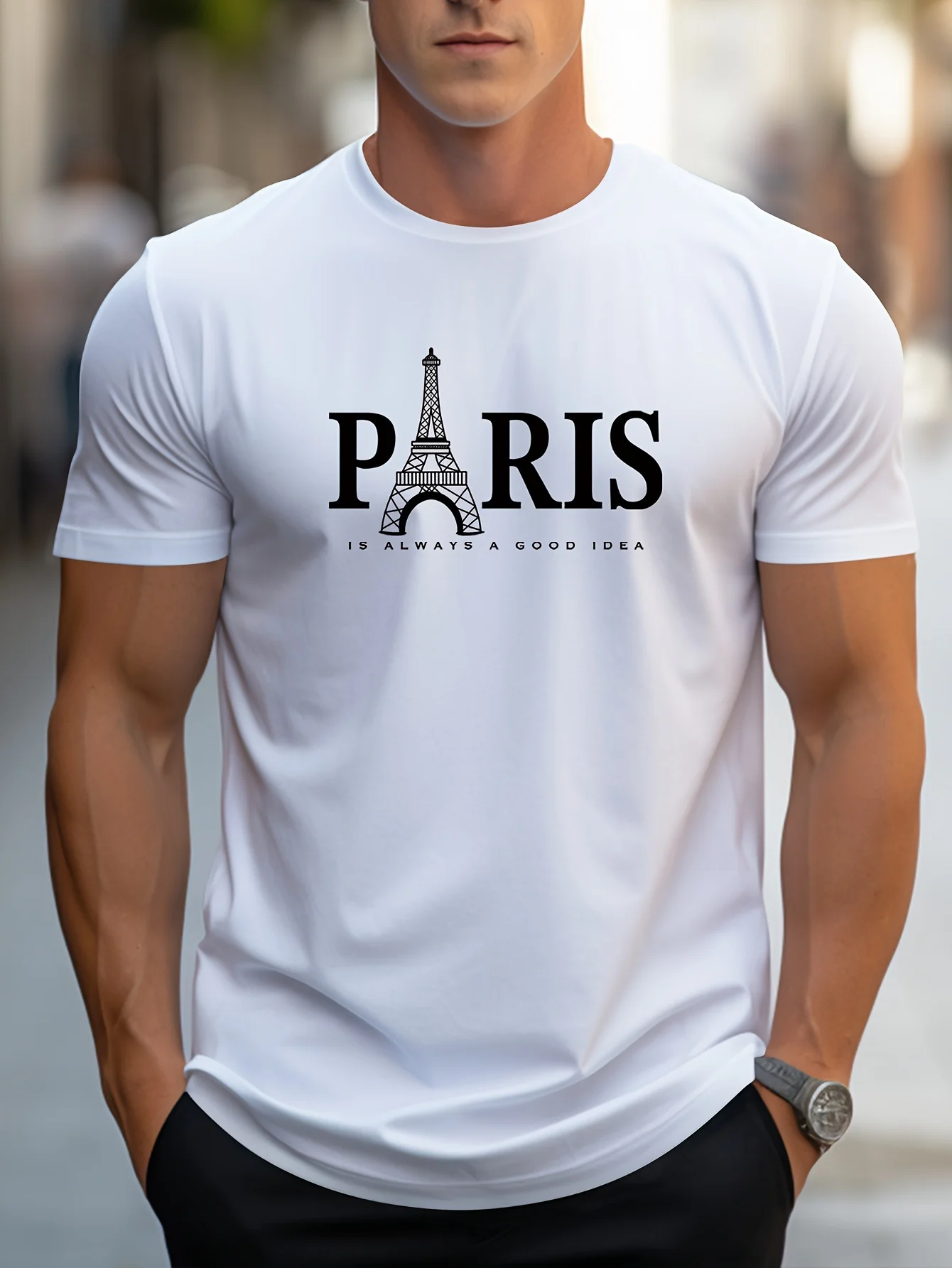 夏のメンズ Tシャツ半袖パリ柄プリントカジュアル O ネック特大プルオーバーファッションストリート男性服 Tシャツ