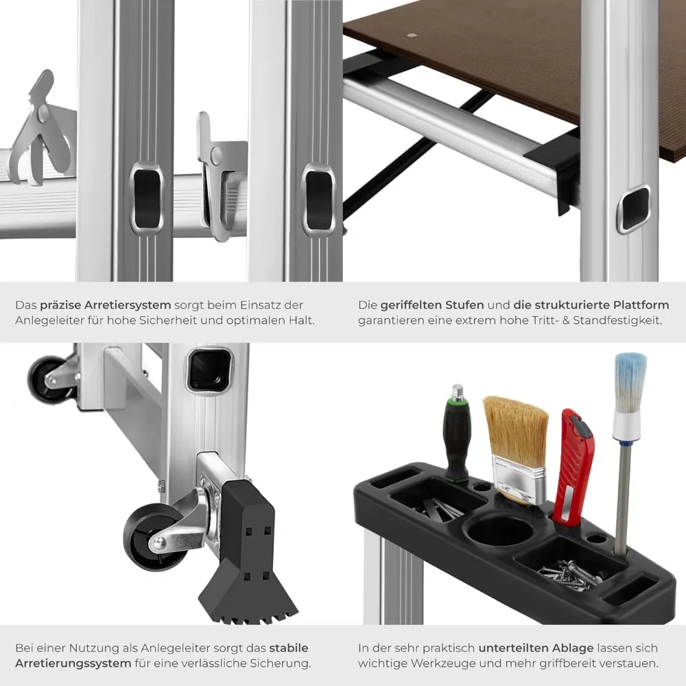 Ladder 4 in 1, Mobile Multipurpose Ladder, Arbeitsbühne, Baugerüst, Alu Gerüst, Rollgerüst mit Arbeitsplattform, Haushaltsleiter