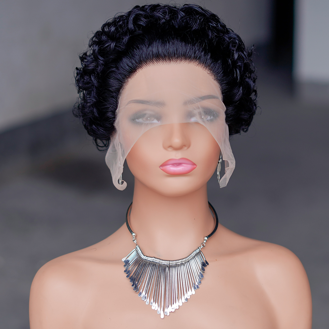 13X1 Pixie Cut Short Curly Human Hair Lace Wigs Short Curly Lace Front Human Hair Wigs Water Wave Curly Wig 1B/99J 1B/27 99J
