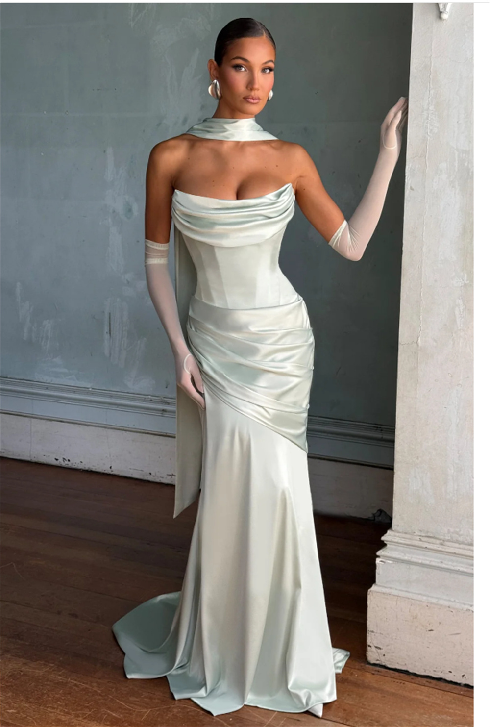 Simples plissado stapless cetim bainha vestido de casamento com longo scaf feito sob encomenda nupcial crescido 2025 vestido de noiva