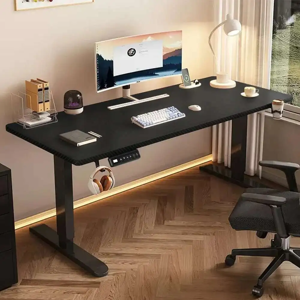 Mesa de pé ajustável em altura com suporte para copos, estação de trabalho ergonômica ecológica para aprendizagem em casa, botões de memória para escritório