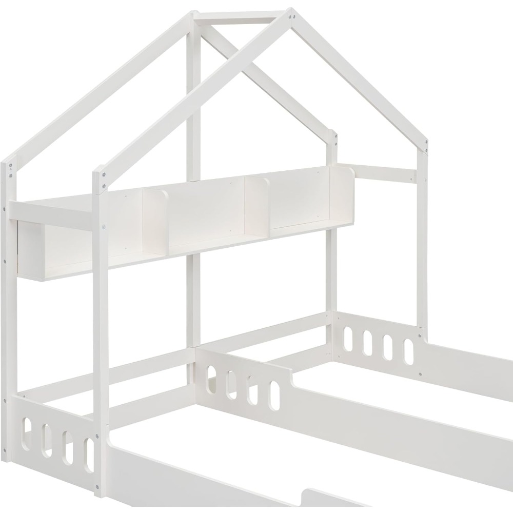 P PURLOVE Twin House Bed for 2 Kids,Double Twin Size Shared Beds with Fence Railings,House Montessori Floor Bed Frame Twin Size
