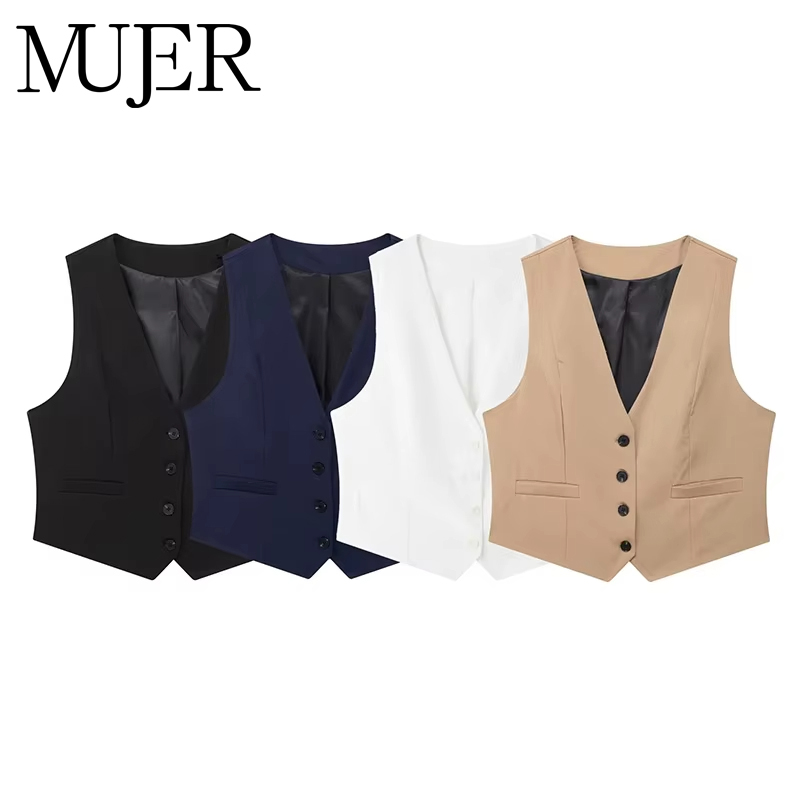 MUJER 2025 Zwart Wit Mouwloos Vest Vrouw Mode V-hals Cropped Vest Top Vrouwelijke Zomer Werkpak Vest Knop Korte jassen