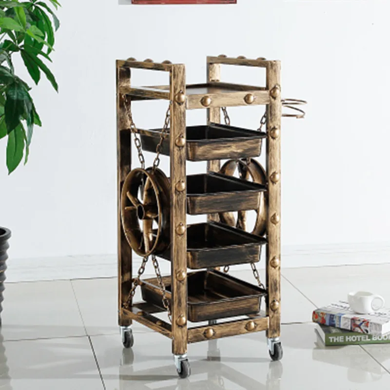 Chariot de salon de beauté avec roues universelles, rangement multicouche, outils de coiffeur, mode rétro, indépendant