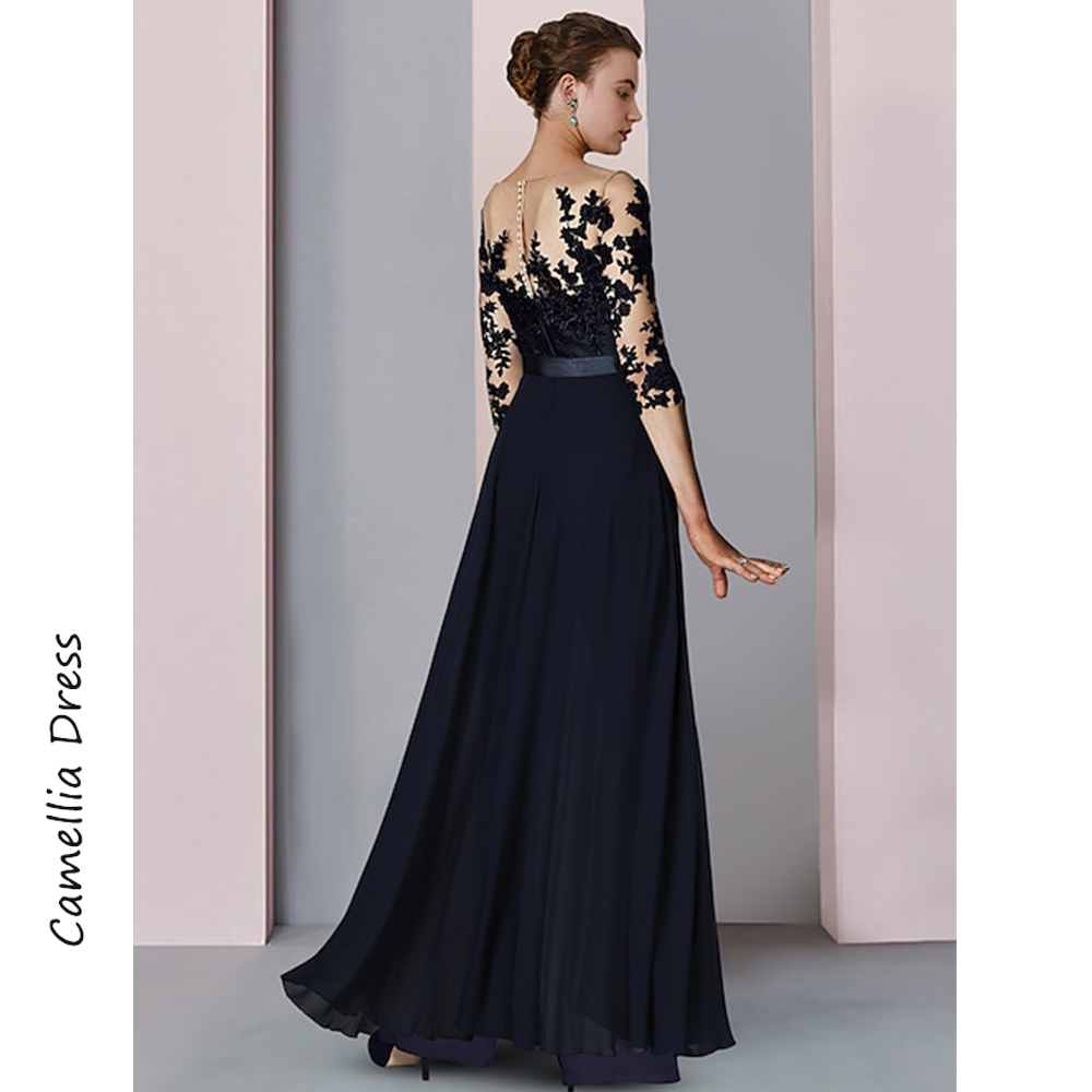 新しいシースイブニングドレススクープネックエレガントでかわいい女性のドレスシフォンアップリケ花嫁の母のドレス Vestido