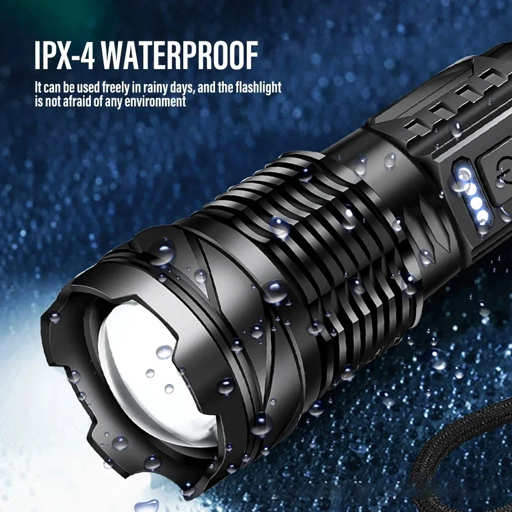 Potente linterna LED XHP50, resistente al agua, 18650 con luz lateral, 7 modos, linterna para acampar y pescar, lámpara con Zoom recargable por USB