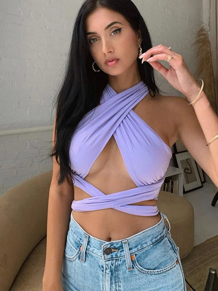ผู้หญิง Strappy ข้ามด้านหน้าตัดออก Halter คอแขนกุด Backless Crop Top เสื้อกั๊กฤดูร้อนเซ็กซี่เสื้อผู้หญิงเสื้อผ้า