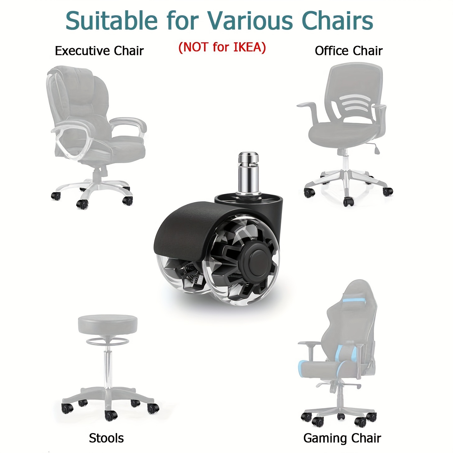 5pcs 2" Heavy Duty Gray PU Silent Swivel Stem Casters, Smooth & Durable Wheels for Office Chairs, Gaming Chairs