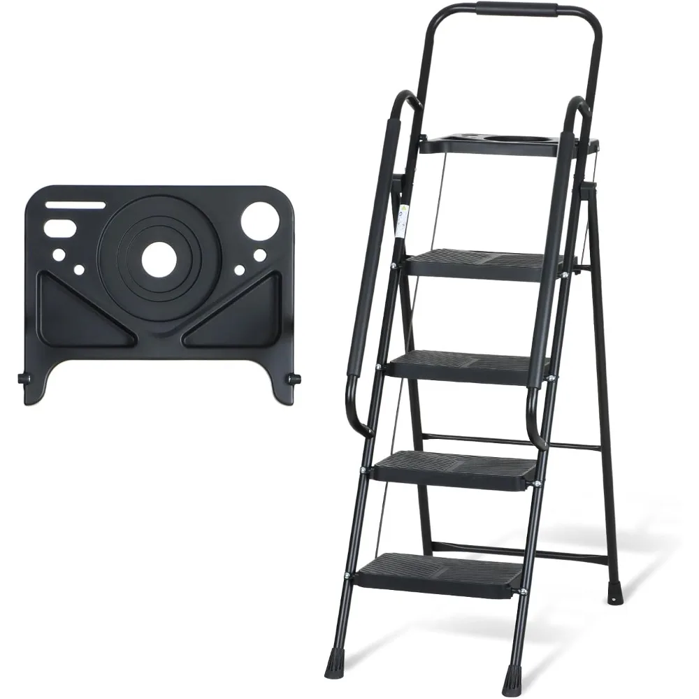 Escalera con pasamanos de seguridad, reposapiés plegable de 150 kg con bandeja para herramientas y escalones antideslizantes anchos