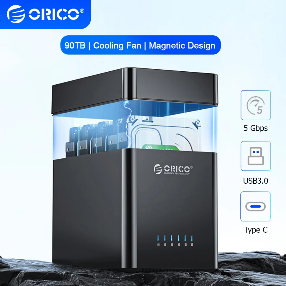 ORICO 5-слотный корпус жесткого диска 3,5 дюйма SATA Док-станция для жесткого диска USB 3.0 Type C Внешний корпус HD 90 ТБ Расширение памяти 12 В/6,5 А