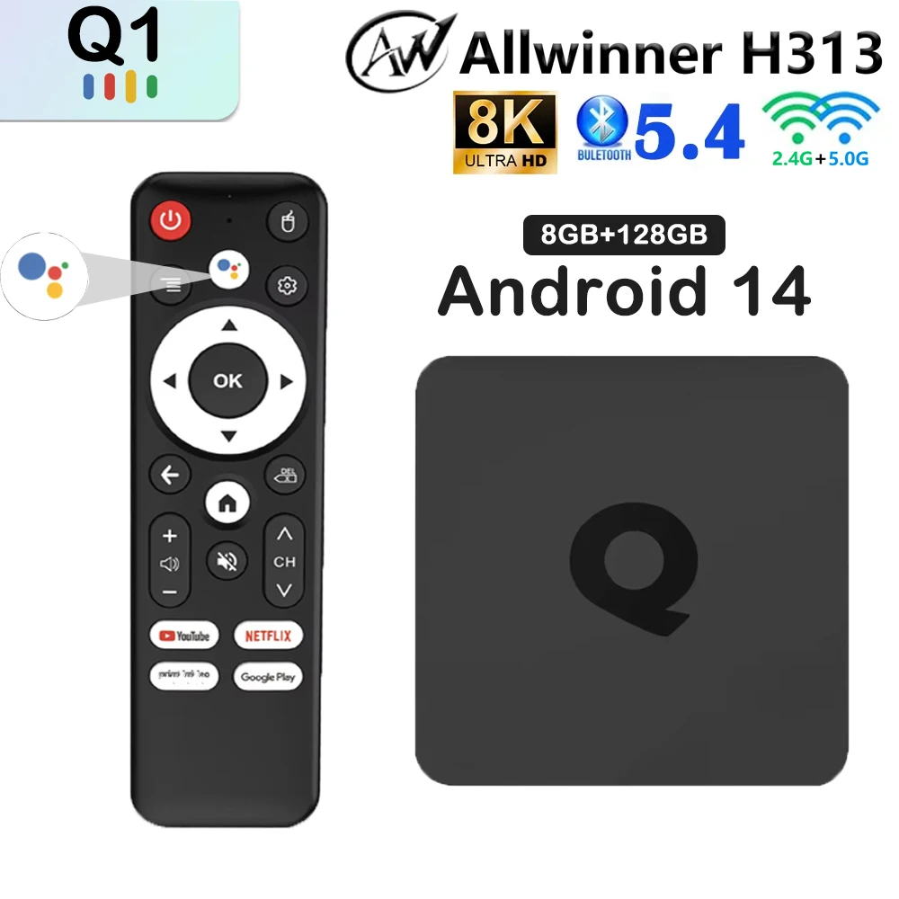 Android14 Smart TV Box Q1 Allwinner H313 compatible con 2,4G y 5G Dual Wifi 8K 64G 128G Rom Google reproductor multimedia TV Box decodificador de voz