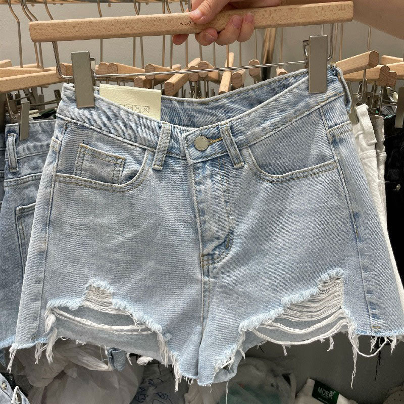Shorts jeans Wurry para mulheres, vermelho online, nova versão coreana solta, linha A, calças quentes com buracos para o verão