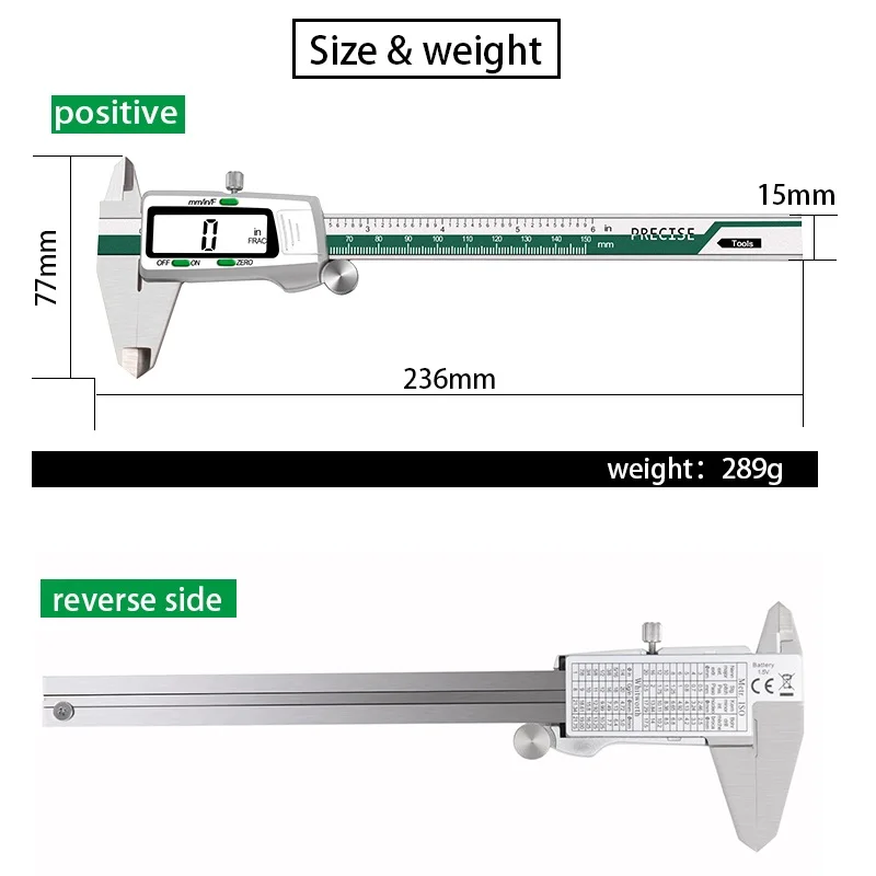 ET50 150mm Calibrador Digital Fracción de Acero Inoxidable/MM/Pulgadas 0,01mm Alta Precisión para Componentes Mecánicos Medida