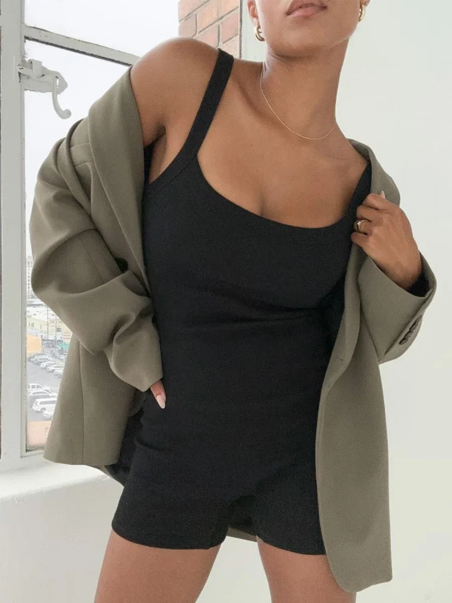 Combhasaki feminino casual esporte retro bodycon sem mangas macacão cor sólida com nervuras sem mangas com decote em u curto magro macacão playsuit
