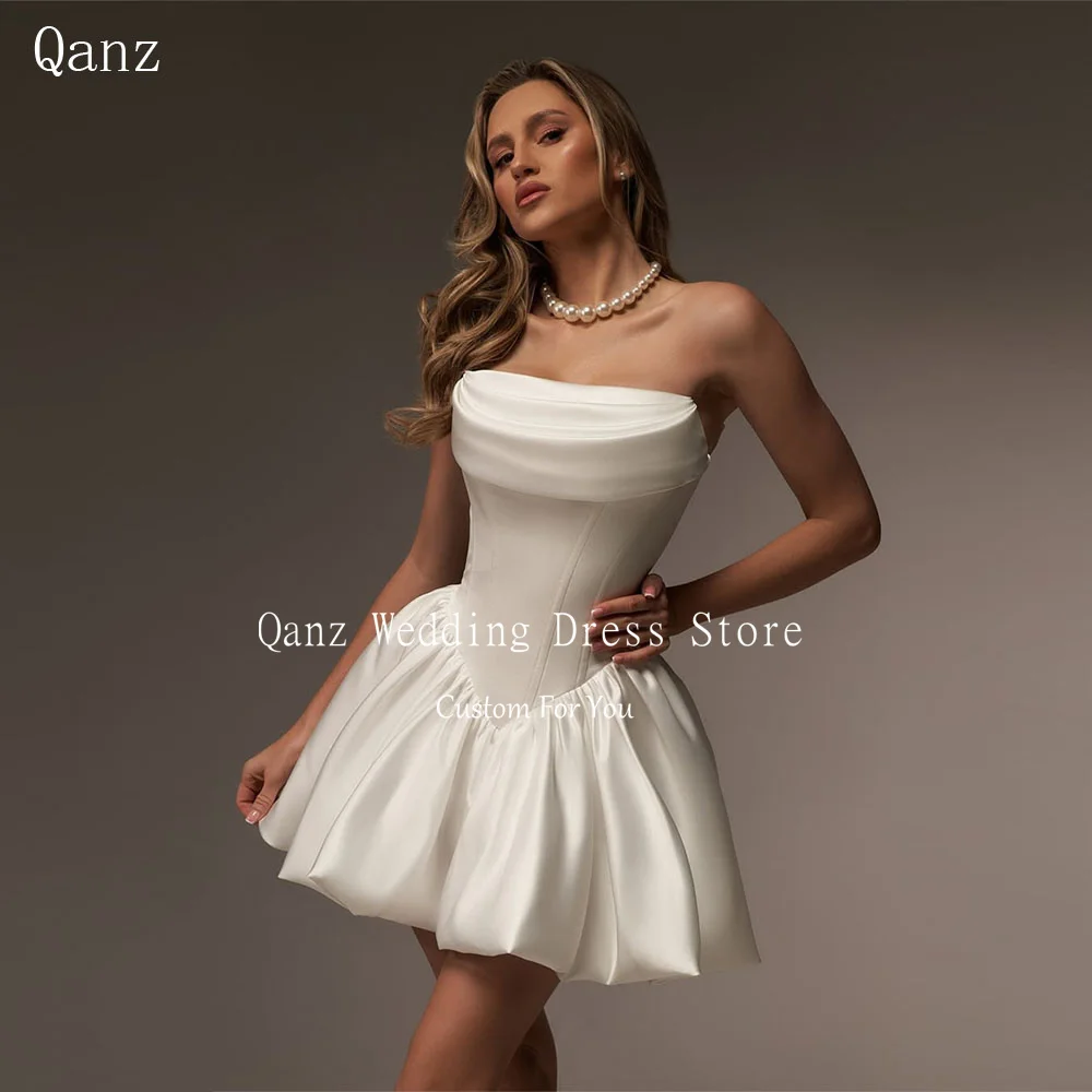 Qanz Abiti da festa di nozze in raso vintage senza spalline corti A Line Avorio Lace Up Back Abiti Para Mujer Abiti da sposa personalizzati