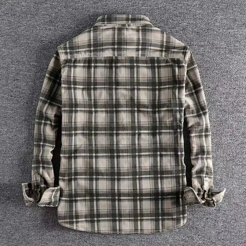 Camicia a maniche lunghe scozzese da uomo vintage giapponese Primavera Autunno Moda Confortevole velluto a coste Artistico Trendy Camicie classiche Top