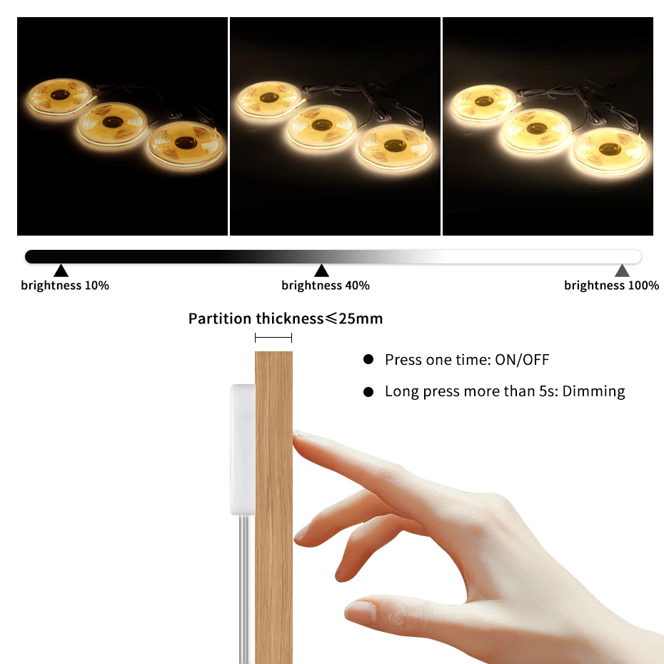24V COB LED Strip with EU/US/AU/UK Plug Touch Dimmer Switch Adhesive Backing for Cabinets Shelf Closet Kitchen Lighting 1-6pcs