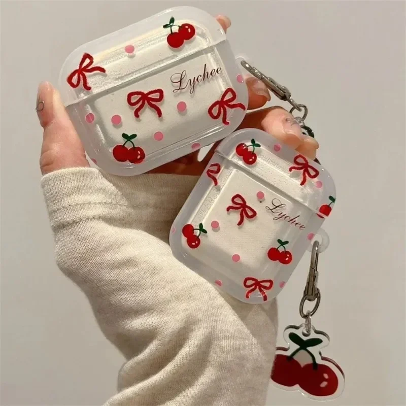 Funda coreana para auriculares con bonito lazo y cereza para Apple Airpods 4 Pro 2 3, funda con dije, fundas de carga de silicona para auriculares para Airpod