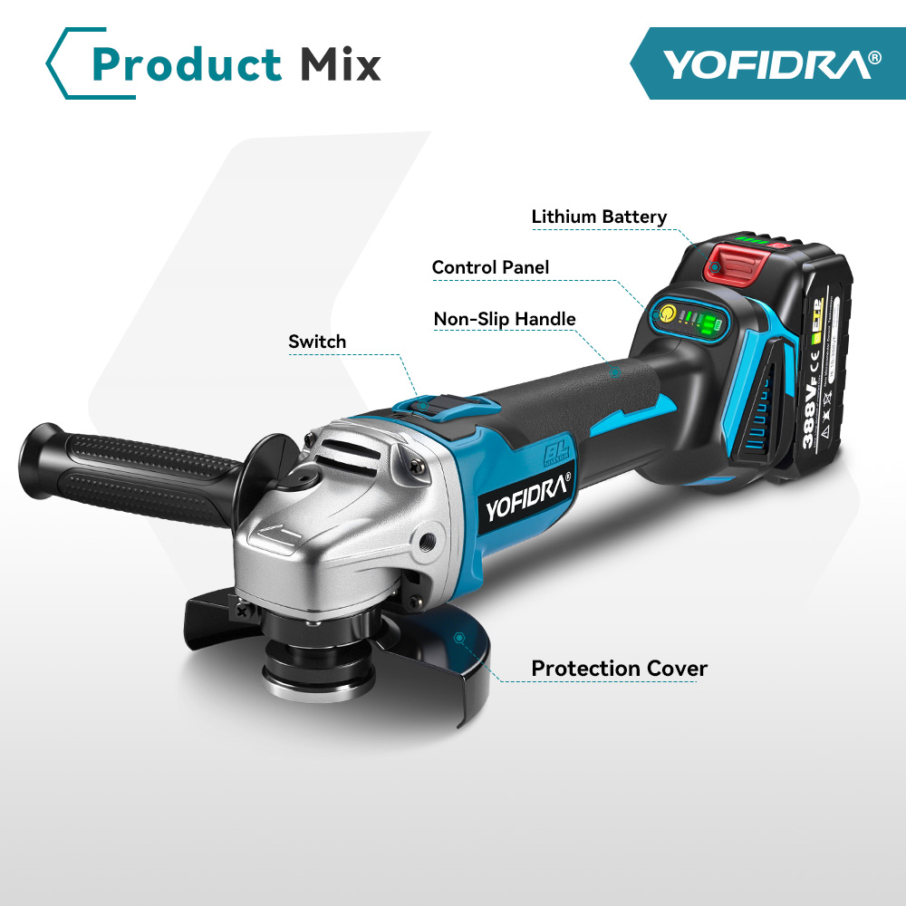 Amoladora angular sin escobillas Yofidra de 125mm, rectificadora inalámbrica de 4 engranajes, corte de carpintería para Pin de batería Makita de 18V-21V