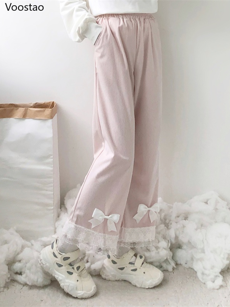 Japanische Lolita Damen Kawaii Hohe Taille Cordhose Süße Schleife Spitze Weite Beinhose Girly Harajuku Chic Lose Niedliche Hose