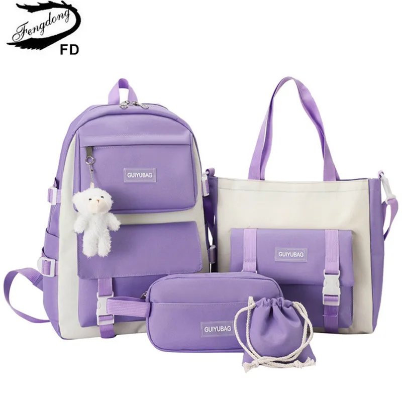 Fengdong 5pcs/set teenage school bags for girls pencil bag handbag bookbag shoulder bag set children cute school backpack gift