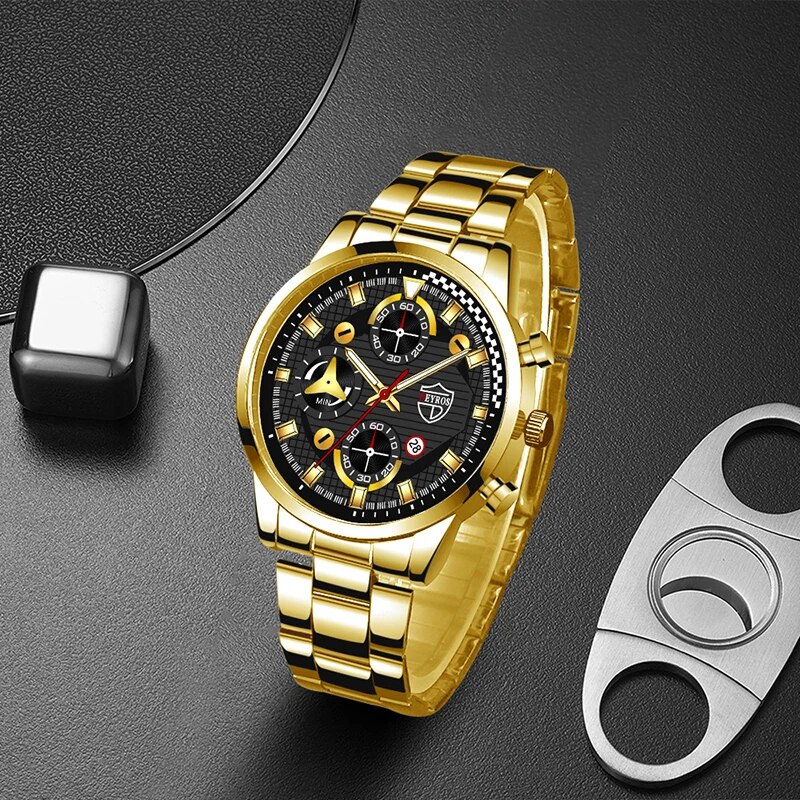 DEYROS-Conjunto de 3 uds de relojes de lujo de acero inoxidable para hombre, reloj de pulsera de cuarzo de negocios a la moda, reloj deportivo informal, pulsera y collar