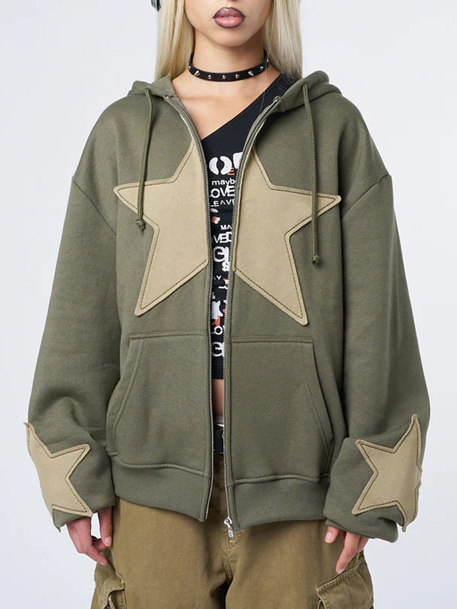 Y2K-Sudadera con capucha con estampado de estrellas Vintage para mujer, sudaderas informales holgadas de manga larga con cremallera y cordón, abrigo de calle para otoño y primavera