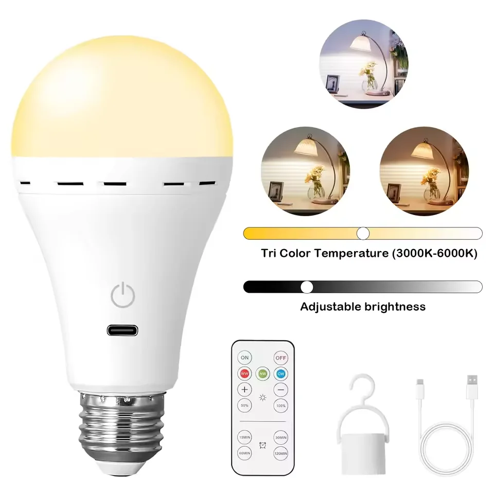 หลอดไฟแบบชาร์จไฟได้ หลอดไฟ LED สี RGB หลอดไฟอัจฉริยะ หลอดไฟ LED แบบหรี่แสงได้ E27 พร้อมตั้งเวลา หลอดไฟที่ใช้แบตเตอรี่ไร้สาย