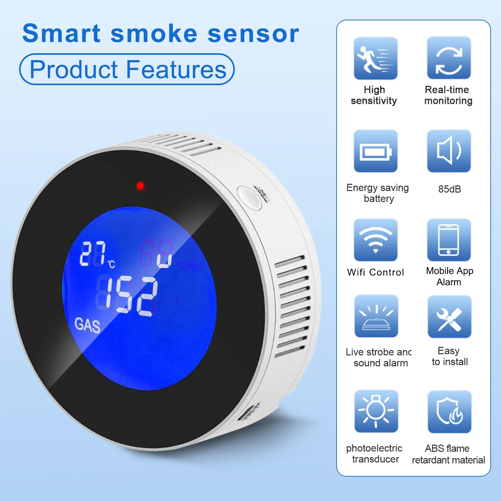 TuyaWiFi Smart Wireless Home Gas Detector with LED Screen Display Gas Leak Alarm