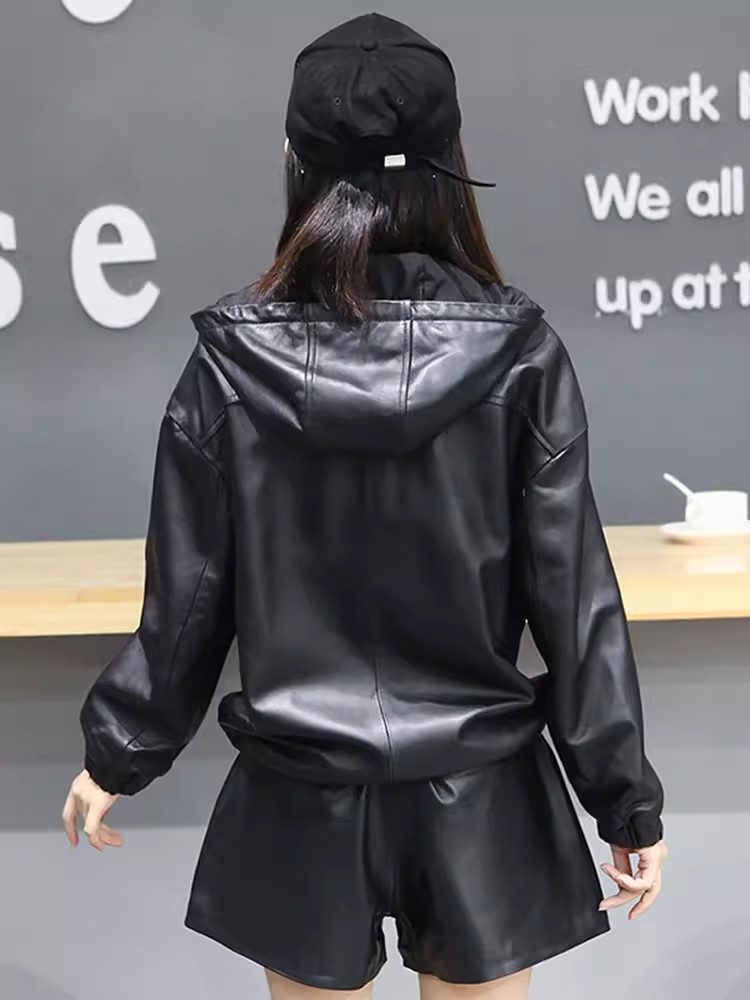 Moda feminina primavera outono solto ajuste pele de carneiro couro genuíno com capuz jaqueta streetwear casual bolsos com zíper pulôver casacos