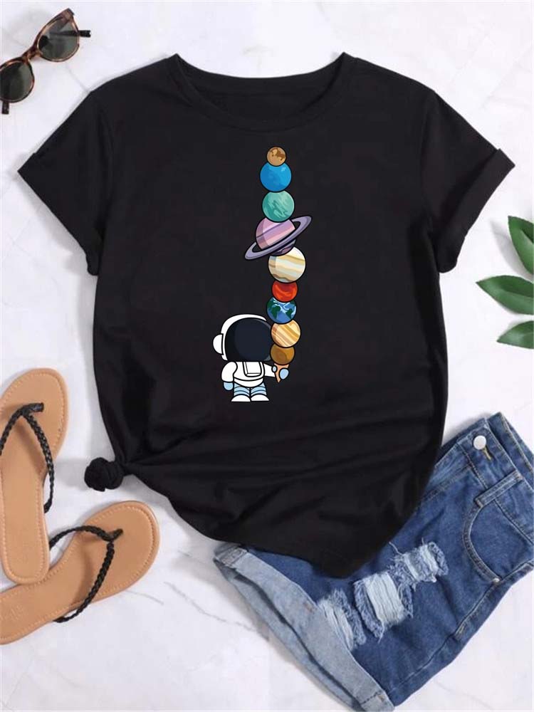 Maycaur Tシャツ女性ムーンプラネットプリントファッション Tシャツカジュアルラウンドネック半袖ストリート女性 Tシャツヴィンテージトップス