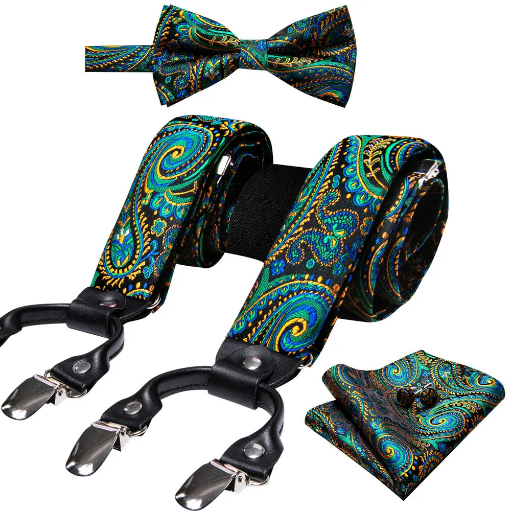 Fashion Paisley Green Silk Men Suspender Bowtie Handkerchief Cufflinks Set Y-Shape 6 Clips Party Wedding Business Barry.Wang