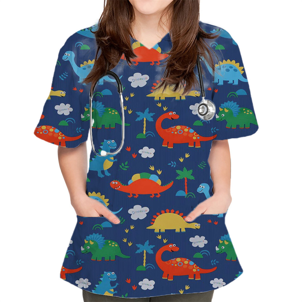 女性のためのポケット付き看護ユニフォーム、看護ユニフォーム、Vネックトップ、かわいい看護トップス、プリントナース、かわいい歯科医トップス