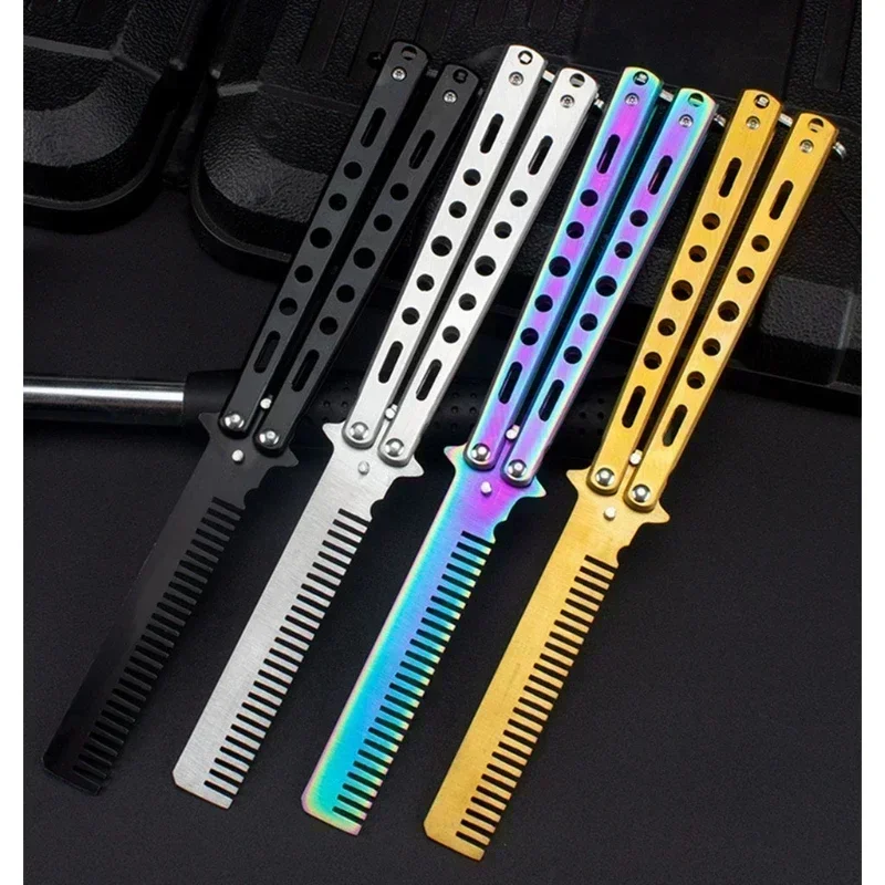 Pettine pieghevole in acciaio inossidabile pratica allenamento coltello a farfalla pettine barba baffi spazzola salone parrucchiere strumento per lo styling dei capelli