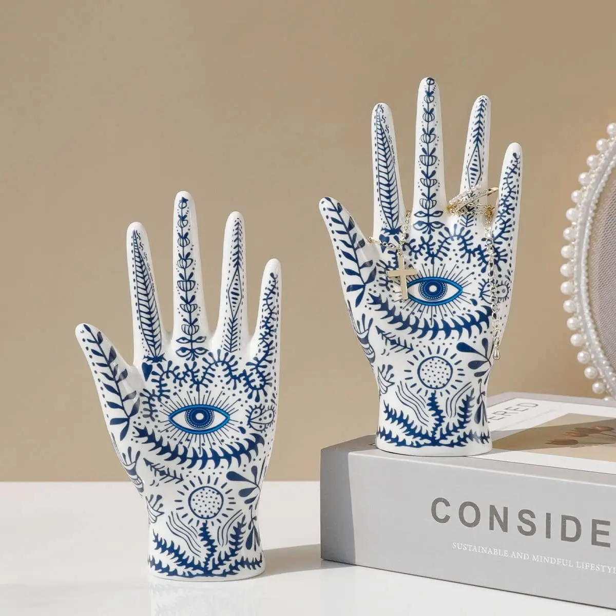 SIQIZHOU Devil's Eye of Fatima เครื่องประดับ Holde เซรามิค Mannequin Hand Stand ออกแบบมาสําหรับสร้อยคอ,สร้อยข้อมือ,แหวน