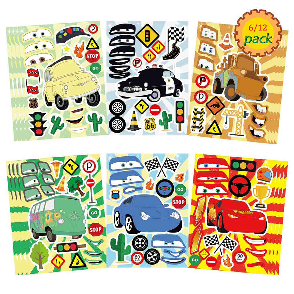 6/12 hojas DIY coches de dibujos animados de Disney rompecabezas pegatinas lindo relámpago McQueen cara haz tu propio rompecabezas de ensamblaje juguete educativo para niños