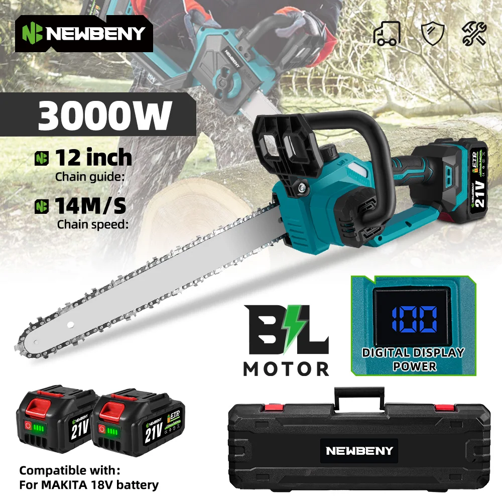 NEWBENY 12 Pollici 3000W Brushless Motosega Elettrica Log Sega Potatura Lavorazione Del Legno Giardino Strumento di Potere Per Makita 18V Batteria Spille