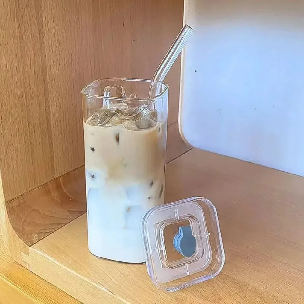 1 pçs quadrado resistente ao calor xícara de vidro café com tampa e palha transparente leite chá suco copos caneca café para casa barra drinkware